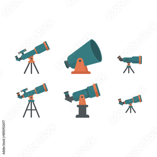 Collection of various telescopes and a megaphone on a white background.