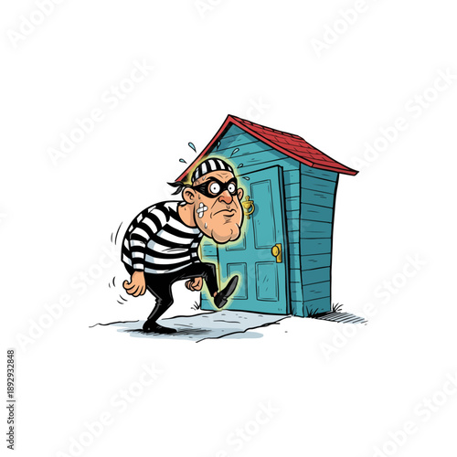 Cartoon Burglar Breaking into Small Shed.