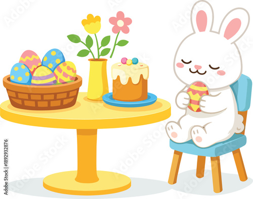Cute Easter cat at holiday table with eggs and cake flat vector illustration