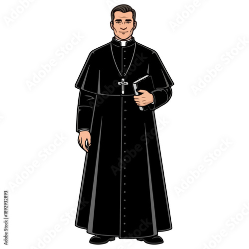 Catholic Priest in Cassock Holding Bible and Rosary Beads.