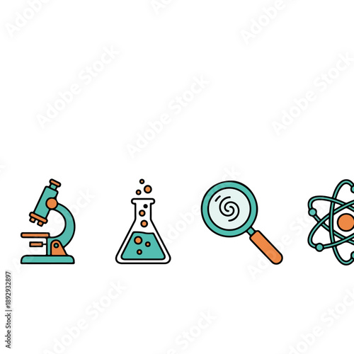 Collection of science related icons including a microscope, beaker, magnifying glass, and atom.