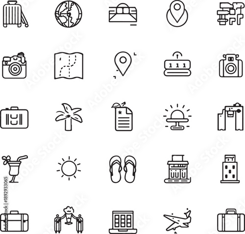 Travel agency line editable icon set. Containing traveling, tourism, booking, different tours, visa assistance, insurance,
