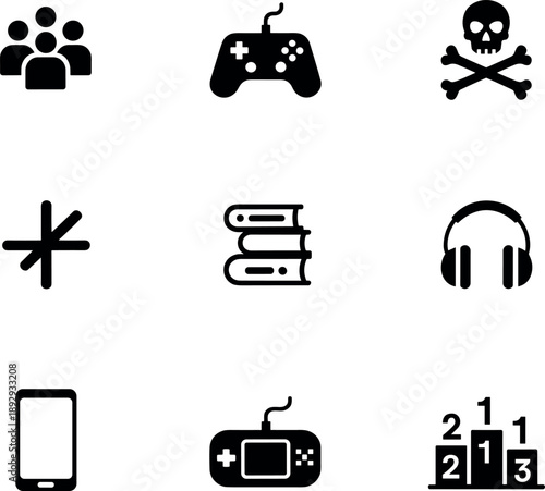 Gaming icons set featuring controllers headphones mobile devices symbols