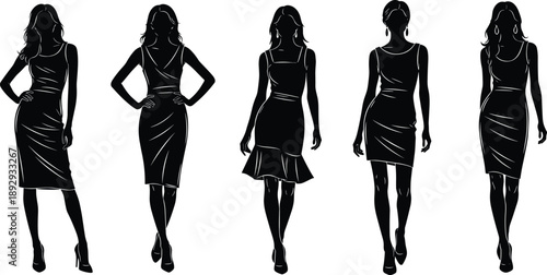 Vector, black, silhouettes, of, beautiful, female, fashion, models, in, elegant, cocktail, dresses, posing, for, runway, style, apparel, catalog, and, retail, marketing, designs (22 words)