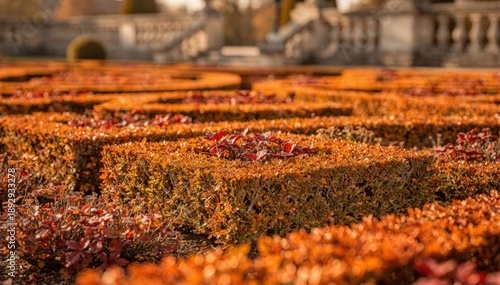 Closeup on a restored parterre with autumnal colors bright orange and red foliage crisply detailed while background garden structures softly fade away.
