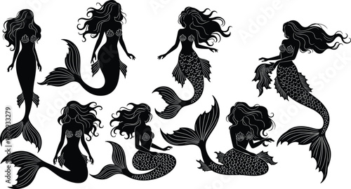 Vector, black, silhouettes, of, various, beautiful, mythical, mermaids, with, long, flowing, hair, and, detailed, tails, for, fantasy, ocean, and, fairytale, themed, designs (22 words)