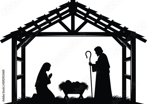 Vector, black, silhouette, of, a, traditional, Christian, nativity, scene, with, Mary, Joseph, and, baby, Jesus, in, a, stable, for, Christmas, religious, holiday, designs (22 words)