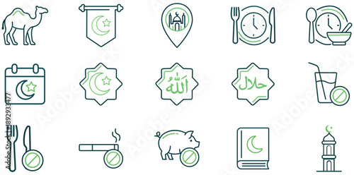 Islamic Icon Set: A comprehensive collection of Islamic icons, detailing various cultural and religious elements, including prayer times, halal practices, and the holy Quran.