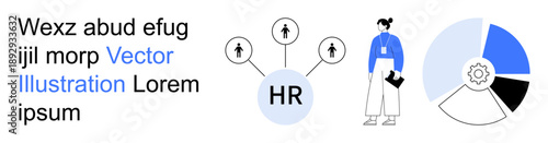 Human resources, team management, data analysis, business strategy, workforce planning, organizational growth. Features HR icons, employee connections and analytics charts. Human resources and team