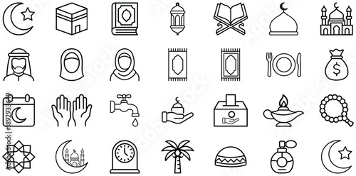 Islamic Iconography: A collection of simple line icons depicting various symbols and elements associated with Islam, offering a glimpse into the faith's rich cultural heritage.