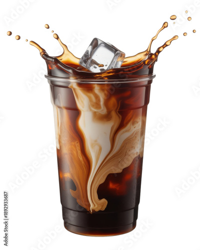 Fresh iced latte coffee pouring into plastic cup with splash and ice cubes in motion scene