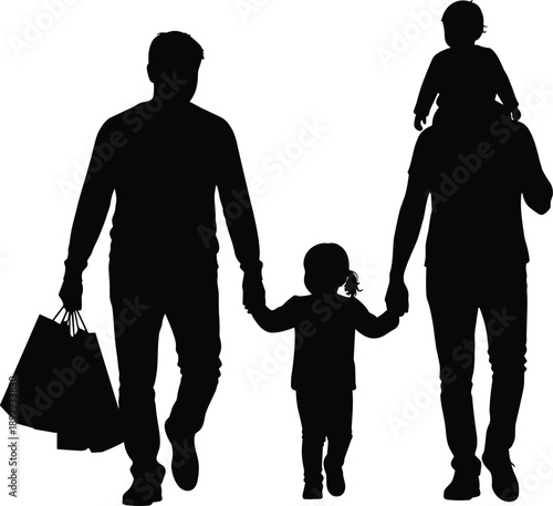 Vector, black, silhouettes, of, a, happy, family, walking, while, shopping, with, parents, holding, hands, with, children, and, carrying, shopping, bags, after, retail, therapy (22 words)