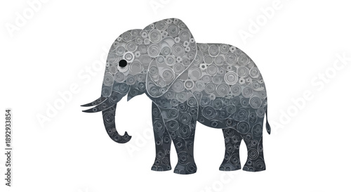Gray elephant with white mandala patterns on its body standing against a clean white background.