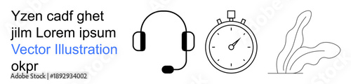Communication tools, productivity, time management, design concepts, remote work, technology solutions. Line drawing of headset, stopwatch and leaves. Communication tools and productivity concept