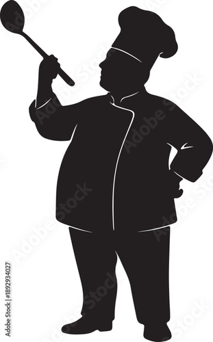 Chubby chef holding spoon in silhouette white background.