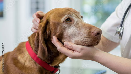 Compassionate veterinarian examining senior brown dog with gentle hands in professional clinic