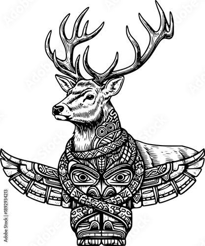 Vintage Inspired Engraving Illustration: Deer and Tribal 
