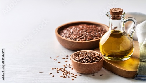 Brown Linseed Or Flaxseed And Oil Healthy Flax Seed On White Table