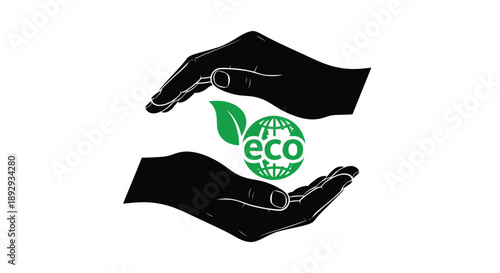 Hands cradling earth with leaf and eco text a black silhouette