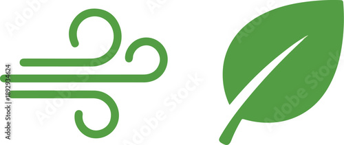 Green leaf and wind icon representing nature and clean air, symbolizing environmental awareness and ecological well-being