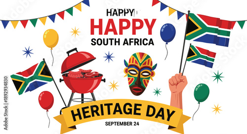 South Africa Heritage Day September 24 Vector Illustration with African Mask BBQ Grill Flags and Celebration Balloons