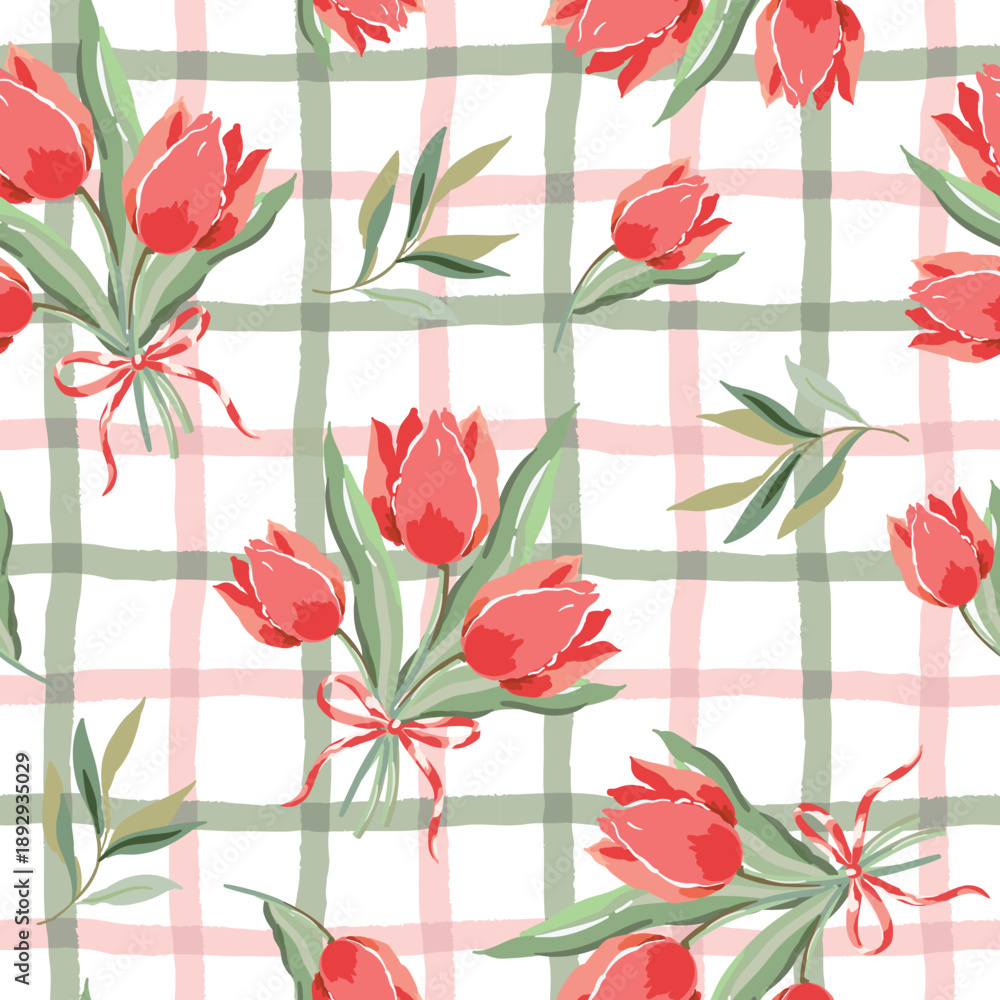 Fototapeta premium Pink tulip flowers bouquets, bows, green leaves, gingham background. Vector floral illustration. Seamless pattern. Spring garden nature. Botanical design