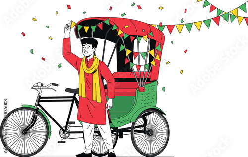 South Asian rickshaw driver in traditional kurta celebrating with colorful festive bunting and falling confetti vector illustration.