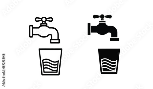 Black and white illustration of two faucets filling glasses with water