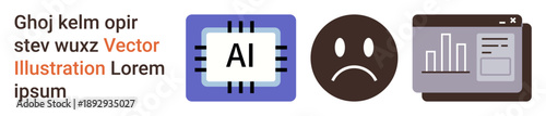 Artificial intelligence, ethics, data processing, analytics, decision-making, technology concerns. A microchip labeled AI, sad face and a browser window with graphs. AI ethics and data processing