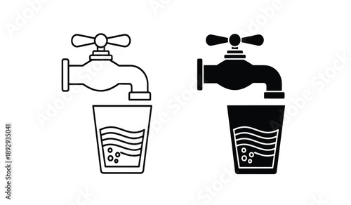 Black and white illustration of two faucets filling cups with water