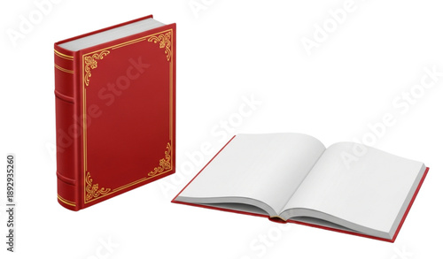 Red hardcover book mockup set open and closed with gold details