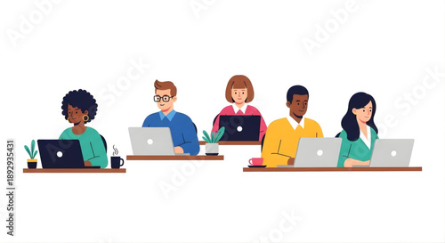 A diverse group of people working on laptops in an office setting