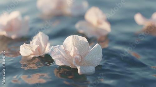 Close-up of a group of white flowers floating on the surface of a body of water. the flowers are in full bloom, with their petals spread out in a star-like shape.