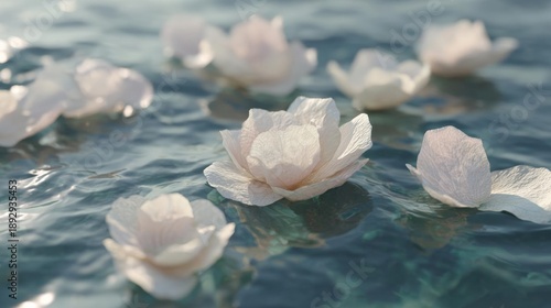 Group of white lotus flowers floating on the surface of a body of water. the flowers are in full bloom, with their petals spread out in a fan-like shape.