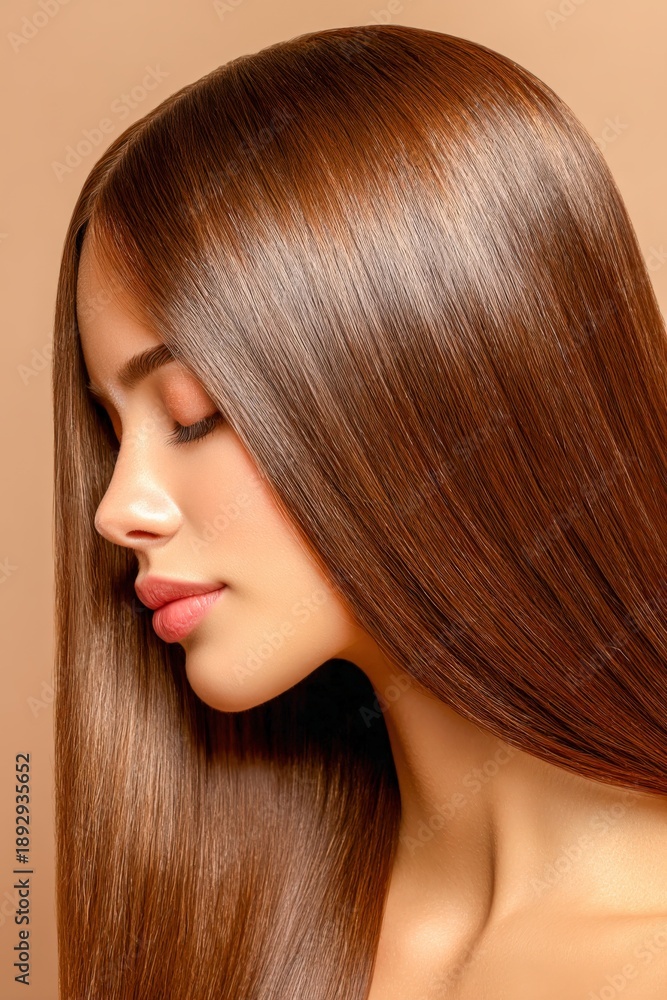 Naklejka premium Smooth brown hair shines under soft lighting in a beauty setting