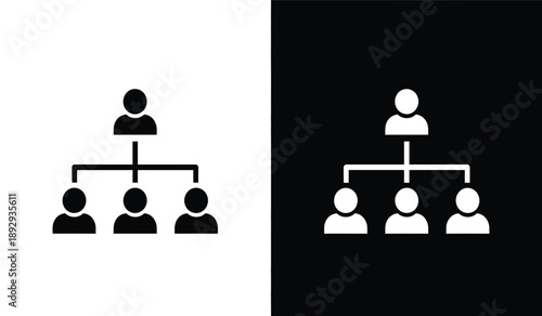 Black and white organization chart icons with people and hierarchy lines and black backgrounds for business and communication concepts