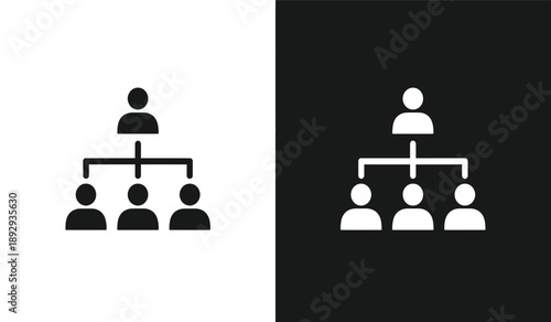 Black and white organizational chart icons with people and black backgrounds for business and management concepts