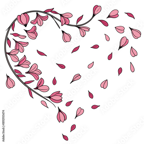 Heart implied by the elegant motion trails of falling petals, symbolizing transient beauty, love, and nature's cycle. Vector illustration.