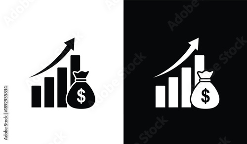 Financial growth concept with money bag and increasing bar graph icons in black and white