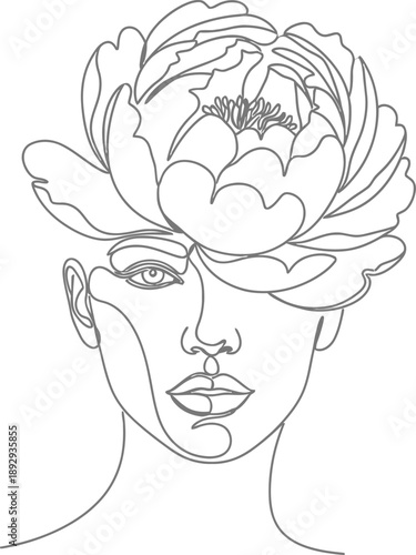 line drawing of a woman with a flower on her head  minimalist illustration