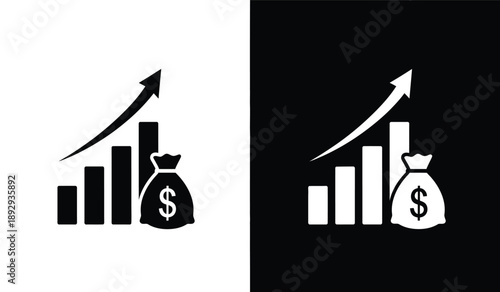 Financial growth icons with money bag and increasing graph