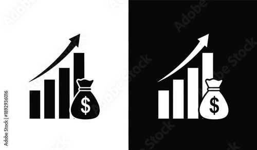 Financial growth icons with money bag and bar graph with arrow pointing up in black and white