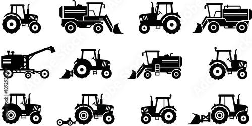black silhouettes of various tractors and farming equipment on white background