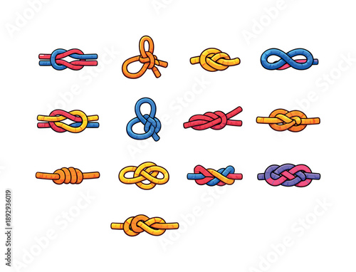 Colorful Knot Icons. Knots. Colorful isometric vector icons set of Knots: square knot, bowline knot, overhand knot, figure eight knot, reef knot, loop knot,