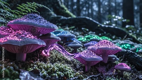 Mystical Forest Mushrooms: A cluster of vibrantly colored mushrooms emerges from the mossy forest floor, their caps glowing with an ethereal light, creating a scene of enchantment and mystery.