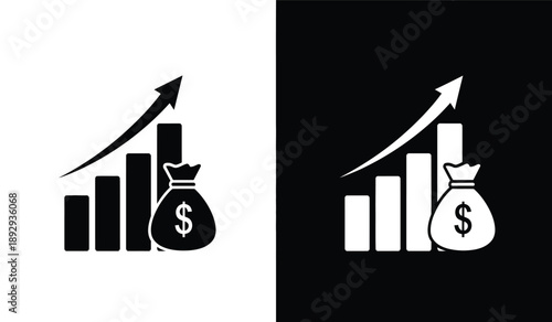 Financial growth icons with money bag and bar chart and increasing arrow