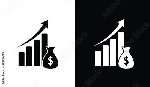 Financial growth icons with money bag and bar graph and increasing arrow