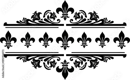 Black fleur de lis ornamental design with lines and floral patterns on white background