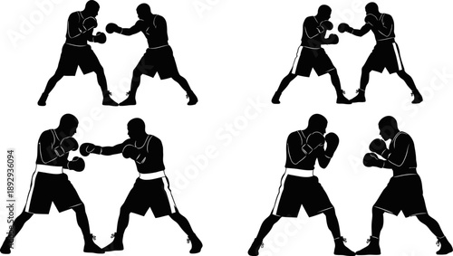 collection of boxers in various fighting poses with gloves on white background