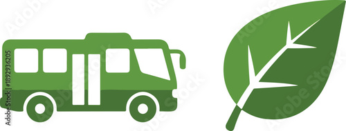 Green bus and leaf icons representing eco-friendly public transportation, sustainable travel, environmental responsibility, and reduced carbon footprint initiatives